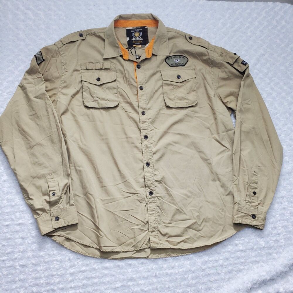 Akdmks Military Aviation Patch Button-Up Mens 5XL Beige Long Sleeve Embroidered